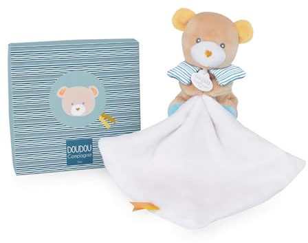DOUDOU ET COMPAGNIE PARIS & | Kuscheltier quadratisch – Maé der Bär | zum Befestigen des Schnullers | saugt sich dem Geruch Babys an | verschiedene Texturen | Geschenkidee zur Geburt | verloren