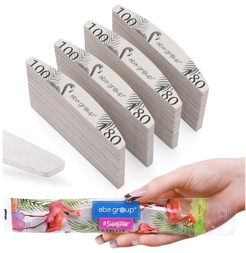 ABA GROUP Nagelfeile 100/180-100 Stück - Halbmond 2 mm Dick - Einzeln Hygienisch Verpackt - Profi Tools für Gel- und Naturnägel, Feilen für Gelnägel, Doppelseitige Nagelpfeile, Nail File Set