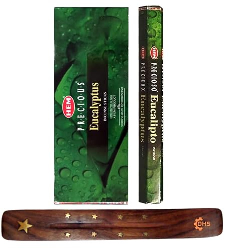 HEM Räucherstäbchen Precious Eukalyptus, volle Box mit 6 Stück mit DHS Räucherstäbchenhalter für Yoga, Meditation, Heilung, Spiritualität, Aromatherapie, Weihrauch-Spa und Entspannung