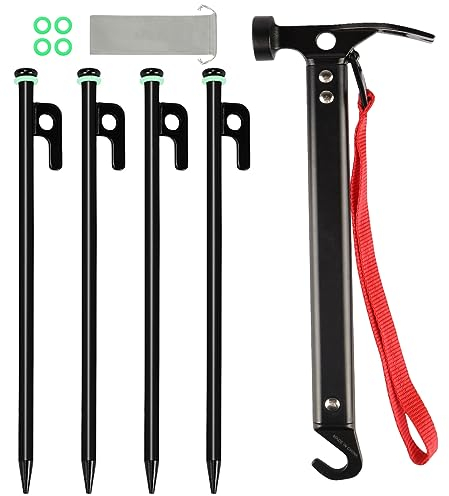4 Stück Zeltheringe Zelt Heringe Erdnägel Stabil mit 10 Zoll Stahl Zelthering Hammer + Silikonringen + Tasche für Outdoor-Camping Heringe, Wandern (4 Stück Zelt Heringe & 1 Hammer)
