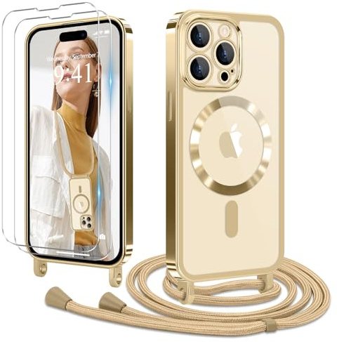 Ethanger für iPhone 14 Pro Max Hülle mit Band + 2 Schutzfolie, Gold | Handyband Transparent Silikon Handyhülle, Magnetische Schutzhülle Case zum Umhängen Kordel