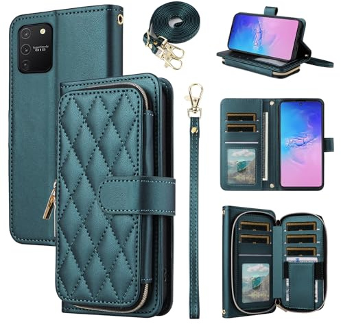ELISORLI Wallet Case for Samsung Galaxy S10 Lite with Wrist Strap,Crossbody Shoulder Strap,9 Card Slots Zipper Purse,Luxury PU Leather Stand Cell Phone Cover for S10lite S 10 10s A91 Girls Green
