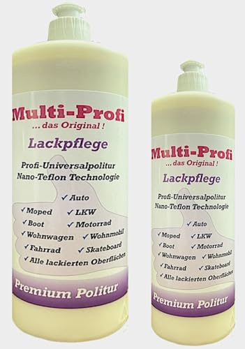 Multi-Profi Lackpflege ist eine Profi-Universalpolitur zur Versiegelung und Auffrischung aller Lackflächen. Die einzigartige Teflon-Nano-Technologie schützt vor saurem Regen und Schmutz ! 0,5 Liter