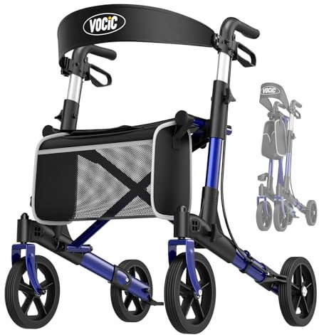 VOCIC Rollator Faltbar und Leicht mit Sitz, Rollatoren Schmal für Wohnung Klappbar Aluminium Gehhilfe für Senioren, wiegt nur 7.8kg, Kaufen Walker Für Alle Terrains, 5 Jahre Support | Blau
