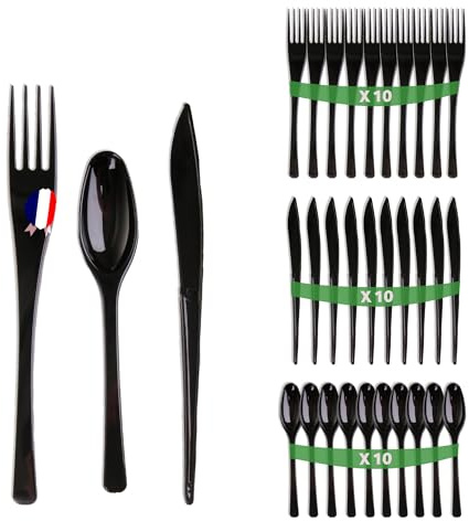 Set 30 couverts noir - Fabriquée en France - Ménagère noire de 10 fourchettes, 10 couteaux, 10 cuillères - Réutilisables et recyclables - Passe au lave vaisselle - Table'Colors