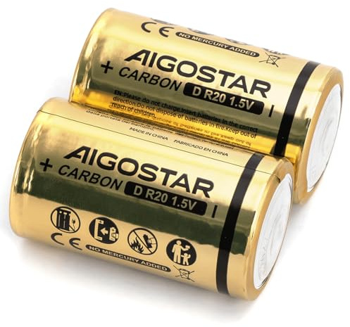 Batteria al carbonio-zinco R20 D 1,5 V 2 unità, ideale per alimentare dispositivi elettronici e giocattoli.