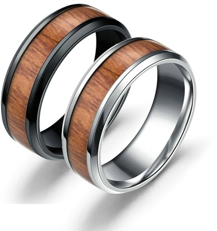 Daesar Ringe Hochzeit Set 2 Ringe, Verlobungsringe Paar mit Gravur 8MM mit Holz Partnerringe Freundschaftsringe Edelstahl für 2 Silber Gr.60 (19.1)& Schwarz Gr.60 (19.1)