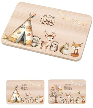 Bärenfreunde - Individuelles Holzbrett mit hochwertigem Spezial-Druck für Kinder - Personalisiertes Frühstücksbrettchen - Niedliche Motiv-Brettchen mit Namen (Zelt Tiere)