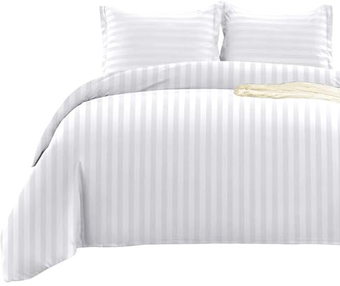 BedLooms Super King Duvet Set Reversible Satin Stripes Duvet Cover Soft Breathable Bedding Set with 2 Pillowcases (Stripe White 260x220 cm)