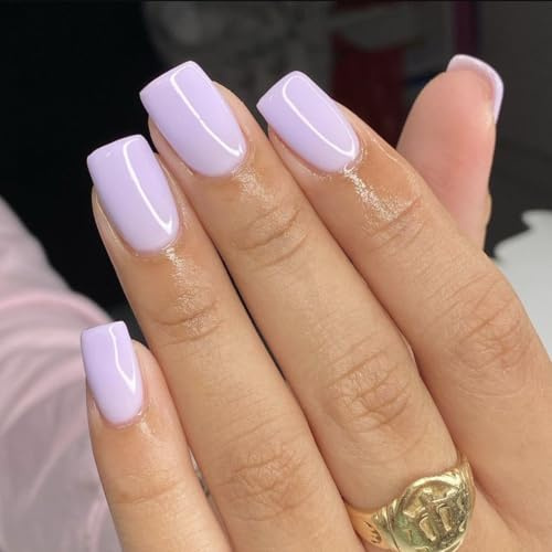 SXVME Lilac Press on Nails Short Square Acrylic Short False Nails Coffin Natural Acrylic Fake Nails Set Elegant Solid Color Full Cover Glossy Gel Stick on Nail for Women Daily Wear 24 Pcs