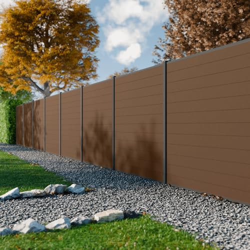 DECKLINEA Kit Cloture Composite RIO Bronze 14,5x1,8m - Bois composite & Aluminium - Poteaux Gris - Recoupable - Occultation - Brise vue