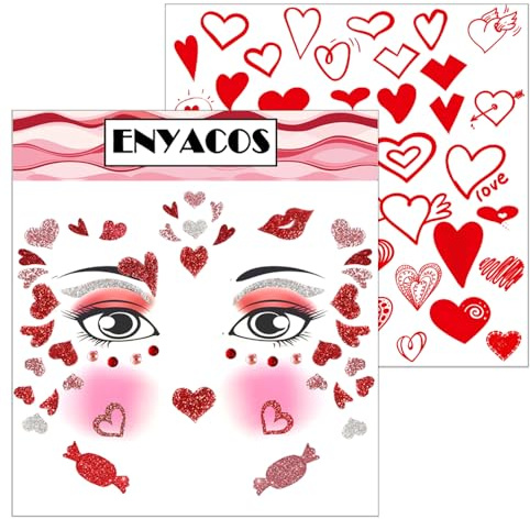 ENYACOS herz sticker gesicht+ herz gesichtstattoo karneval – Glitzer Herz Aufkleber für Karneval, Fasching, Halloween Temporäre Gesichtstatoos ，Ideal für Schminke Fasching Karneval