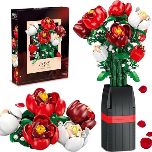 Flowers Bouquet Building Set, 761 PCS Home Forever Rose Decor Plant Building Kits with Buildable Flowerpot, Gifts for Home Office Decor Display Piece, Birthday, Christmas Holiday