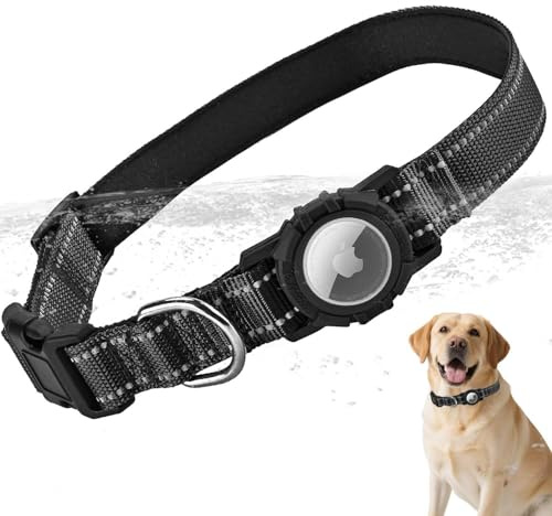 LZXLXS Verstellbares, Wasserdichtes und Reflektierendes Hundehalsband, Kompatibel mit Apple AirTag für Kleine, Mittlere und Große Hunde, Schwarz, M