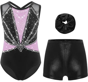 Xnihocha 3 st flickor gymnastikdräkt glitter gymnastikdräkt ärmlös balettdräkt med shorts korta byxor och pannband balett danskostym, Ljuslila och svart, 146-152