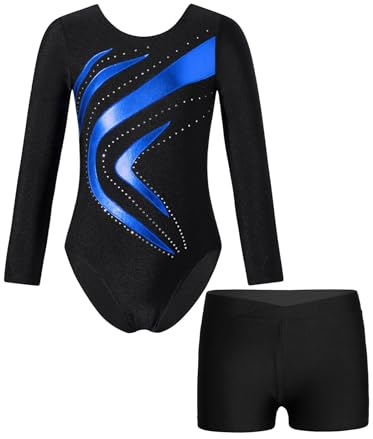 Sinleey Turnanzug Mädchen Langarm Glitzer Gymnastikanzug mit Hose Shorts 2-teiliges Gymnastikoutfit Wettkampf