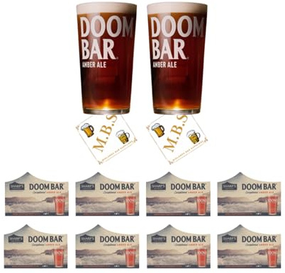 Sharp's Doom Bar Amber Ale Pint Glass Set, Traditional Beer Glasses x2 with x8 Branded Brewery Coasters