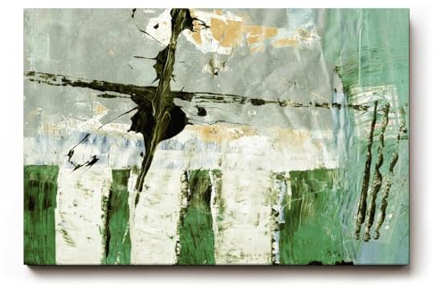 Sinus Art Wandbild 90x60cm Grüne und weiße Pinselstrukturen mit vertikalen Elementen und abstrakten Flächen