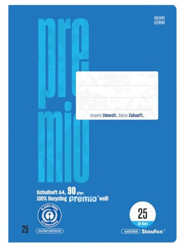 Staufen premio skolhäfte – 5 häften vardera, 32 ark, DIN A4, linjerat 25 (linjerat med kant), 90 g/m² återvunnet papper, runda hörn förhindrar åsneöron