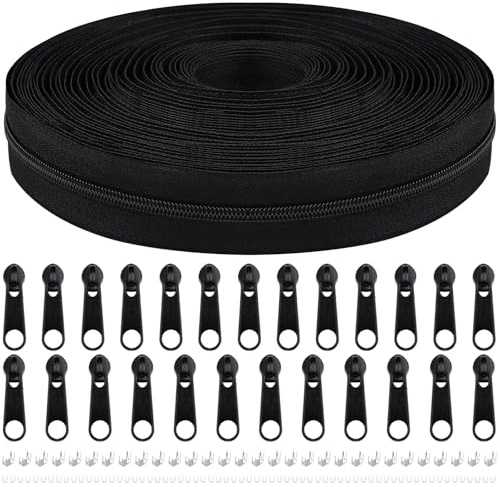 Endlos Reissverschluss mit Zipper, 3mm 11m Nylon Endlosreißverschluss Meterware und 25 Zipper aus Metall für Kleidung Tasche Mäppchen Bettwäsche (Schwarz, #3)