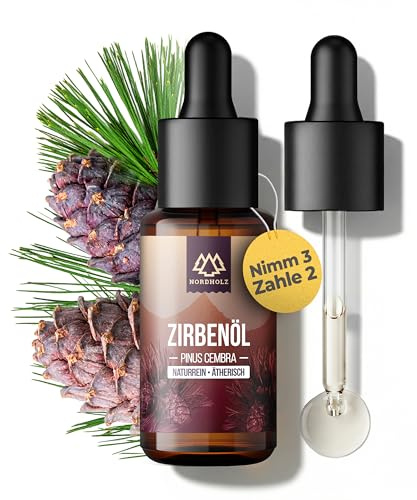 NORDHOLZ® Zirbenöl 15ml [100% naturrein] Ätherisches Öl in Pharmaqualität aus schonender Wasserdampfdestillation – Vegan, Laborgeprüft – Für Sauna, Diffusor & Aromatherapie [Pinus cembra]