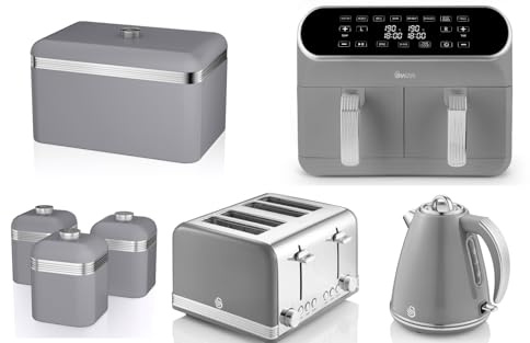 Swan Retro Grey Kitchen Set of 7 Including 1.5L 3KW Jug Kettle, 4 Slice Toaster, 8L Dual Basket Digital Air Fryer, Bread Bin & Canisters – Matching Retro Design Kitchen Set of 7 in Vintage Grey