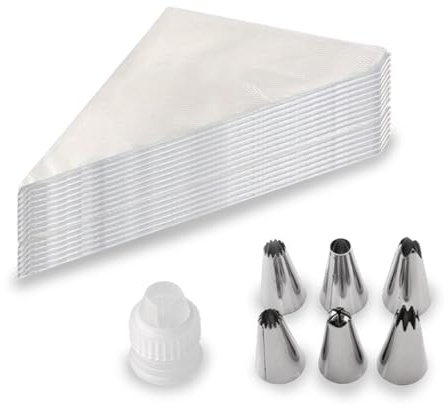Fysaran Lot de 100 poches à douille jetables avec 6 douilles en acier inoxydable et coupleur - Accessoires de pâtisserie pour décoration de gâteaux, pâtisserie et décoration de fête