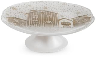 H&H Alzata con Piede Nevalis in Vetro Decorato Bianco e Oro Ø 21 cm, Elegante Decoro Natalizio con Casette, Ideale per Dolci e Dessert, Non Lavabile in Lavastoviglie