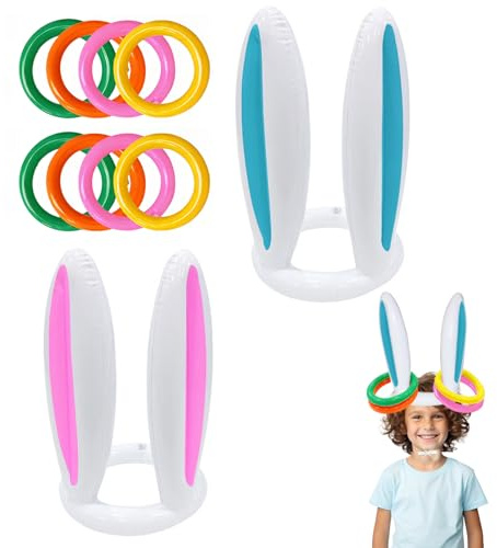 Waldspring Orecchie da Coniglio Gonfiabili Gioco di Lancio, 2 Set Bunny Ears & 8 Cerchi, Giochi Gonfiabili per Bambini, Gioco all’Aperto, Piscina, Festa Hawaii, Regali di Pasqua per Bambini