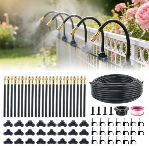 Delousiber Irrigation System Kit 100FT/30M, 360° Adjustable Garden Watering System, Automatic Drip Irrigation Kit with 24Pcs 360° Bendable Brass Mist Nozzles for Outdoor Plants, Garden, Lawn, Yard