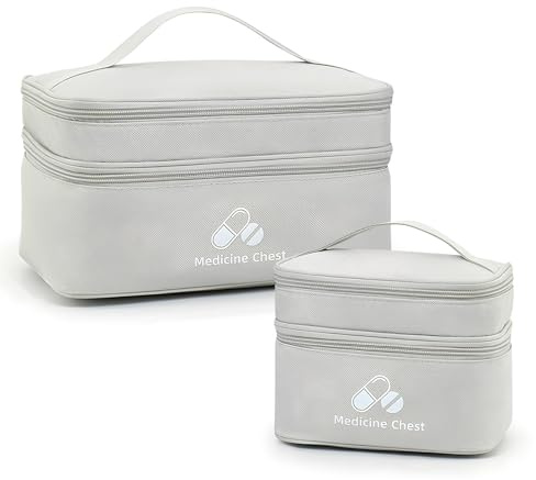 2 Stück Medikamententasche Reise und Zuhause, Großkapazität Tasche Reiseapotheke, Wasserdichte 2-Stöckig Erste Hilfe Tasche Leer, Medikamenten Aufbewahrung Notfalltasche Leer für Büro Outdoor, Grau