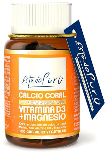 Calcio y Vitamina D Estado Puro | Calcio Coral Marino (1000 mg) + Vitamina D3 (400 UI) + Citrato de Magnesio (400 mg) | Huesos y Articulaciones Fuertes | 120 Cápsulas Vegetales de Tongil