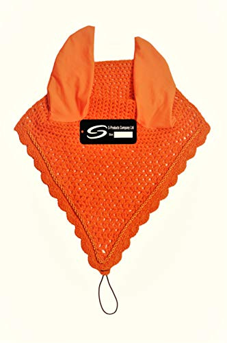 EQUESTRIAN HORSE EAR NET FLY VEIL CROCHET BONNET MASK TIE DOWN HOOD WITH PIPING (Cob, Orange)