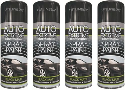 HitlineUK 4 X BLACK Spray Paint, 400ml Matt Black Spray Paint, Multipurpose Exterior Black Spray Paint Matt, Interior Metal Spray Paint