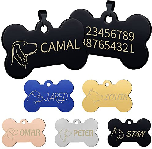 Hundemarke, CAMAL Hundemarke mit Gravur Doppelseitig, Hundeknochen für Verschiedene Hunde, Hunderasse-Avatar Optional (Klein, Schwarz)
