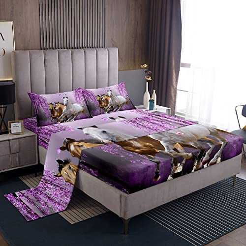 Juego de sábanas de caballo para niños, ramas de cerezo en flor de cerezo, juego de sábanas de color morado lavanda para niñas, juego de cama de caballo galopante, 3 piezas, tamaño individual