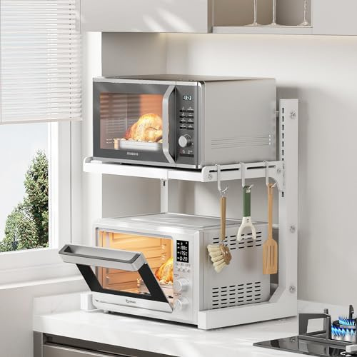 ABCOOL Retractable Adjustable 2 Axial Kitchen Baker Microwave Oven Rack, Expandable and Height Adjustable Carbon Steel Shelf Counter Countertop with 3 Clip Hooks, Electric Oven Holder