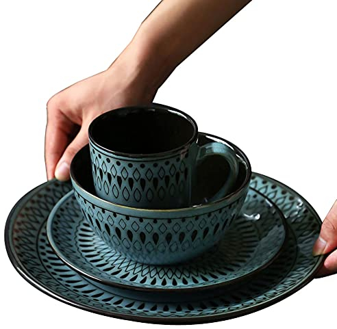 MIlAodE Set di stoviglie in gres Verde Vintage 16 Pezzi, Piatti Piani con Piatti da Insalata, Piatti Piani, Ciotole e Tazze (Servizio per 4)