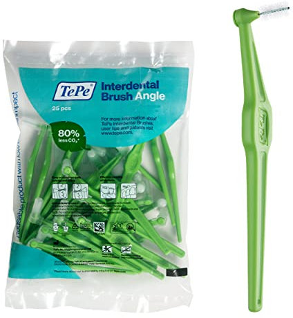 TePe Interdentalbürste Winkel, abgewinkelte Zahnbürste für Zahnreinigung, 25 Stück, 0,8 mm, große Lücken, Grün, Größe 5