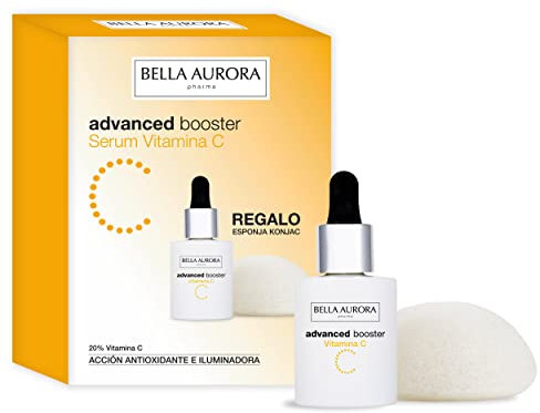 BELLA AURORA - Pack Advanced Booster Vitamina C 30 ml + Esponja Konjac, Intensivo y Alta Concentración, Iluminador y Unificador, con Vitamina C Estabilizada, Antioxidante, Efecto Inmediato