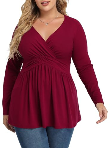 TIANZHU Tops negros de talla grande para mujeres abrigo camisa de muñeca de bebé manga larga invierno túnica top vestido cuello en V blusa imperio cintura baja corte fluido peplum ropa, borgoña, 3XL