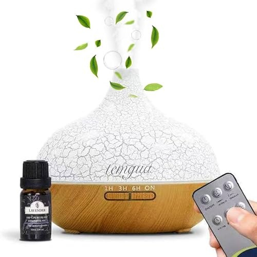 Temgua essential oil diffuser with 1 pure Lavender essential oil,500ml cracked diffuser ultrasonic Humidifier for home remote control aromatherapy diffuser, auto-off, 7 LED light colors...(Light Wood)