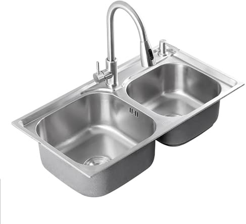 Doppelwaschbecken aus Edelstahl 304, modernes Einbau-Küchenspülbecken mit ausziehbarem Wasserhahn, Arbeitsplatz-Waschbecken, gebürstete Handwerkskunst + R-Eck-Design, geeignet für Küchen, Bars usw. (