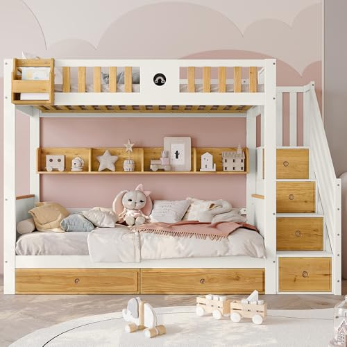 Idemon Letto a castello con scale, lavagna, mensole e scaffali, telaio in legno di pino e MDF, lettino con 4 armadietti nelle scale, con griglia anticaduta e 2 cassetti, bianco+naturale, 90 x 200 cm