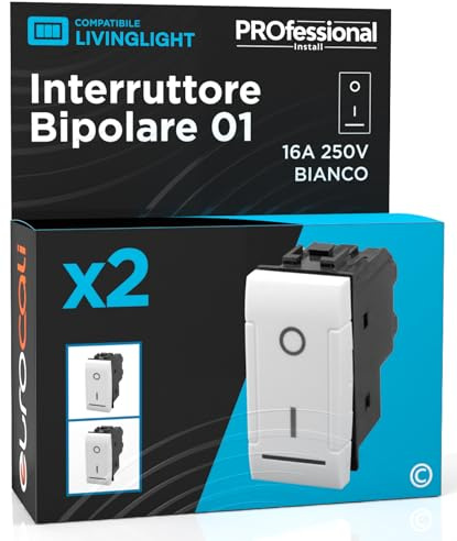 Interruttore Bipolare di Corrente 16A 250V I/O Compatibile con BTicino Livinglight a Incasso da Muro Frutti Elettrici Colore Bianco - Confezione da 2