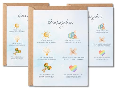 Dankeskarte für Erzieherin Aquarell, Geschenkidee Abschied Kindergarten, Dankeschön Geschenk Tagesmutter, Water Color Grußkarte Kita Verabschiedung mit Kuvert Abschiedgeschenk (3 Karten mit Kuvert)