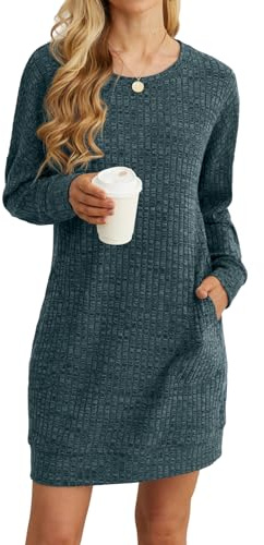 PrinStory Women Jumper Dress Long Sleeves Causal Basic Mini Dress With Pockets Loose Knitted Pullover Tunic Sweatshirt For Women (Dark Green, M)