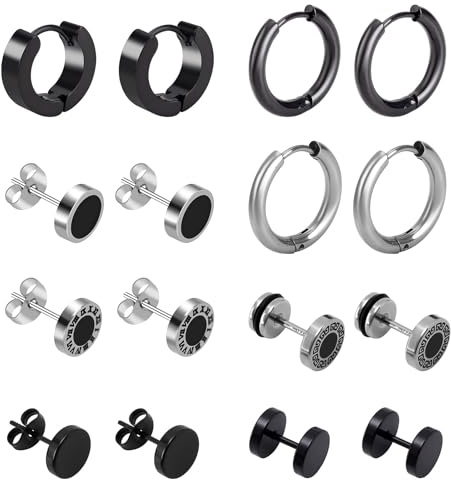 Ohrringe Edelstahl für Herren Damen, 8 Paar Ohrringe Set Creolen Ohrring Ohrstecker Tunnel Plug Runde Ohr-Schmuck Ohrpiercing Barbell Stud Earrings (Schwarz, Silber)