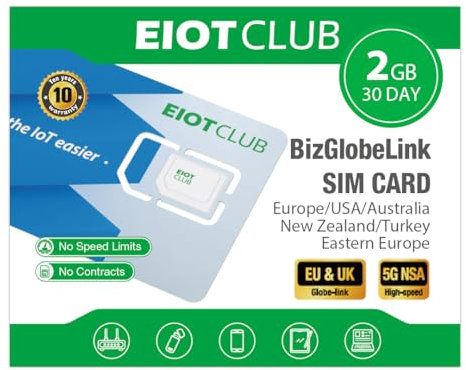 Carte SIM prépayée EIOTCLUB, 2 Go de données valables Pendant 30 Jours, pour 33 Pays en Europe+ États-Unis, Australie, Nouvelle-Zélande et Turquie. 5G/4G LTE, sans contrat, données Seulement