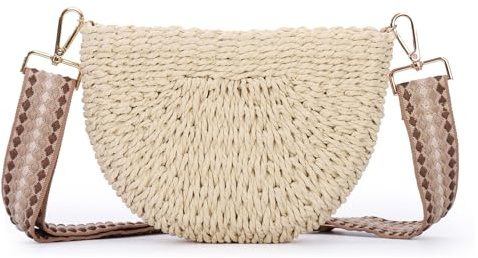 Fecialy Handgemachte Stroh Crossbody Tasche für Frauen Halbkreis Gewebte Handtasche Sommer Strand Umhängetasche
